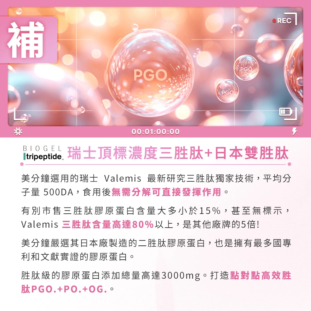 超小分子PGO.PO.OG皮膚彈嫩美白，每包膠原量高達3千毫克