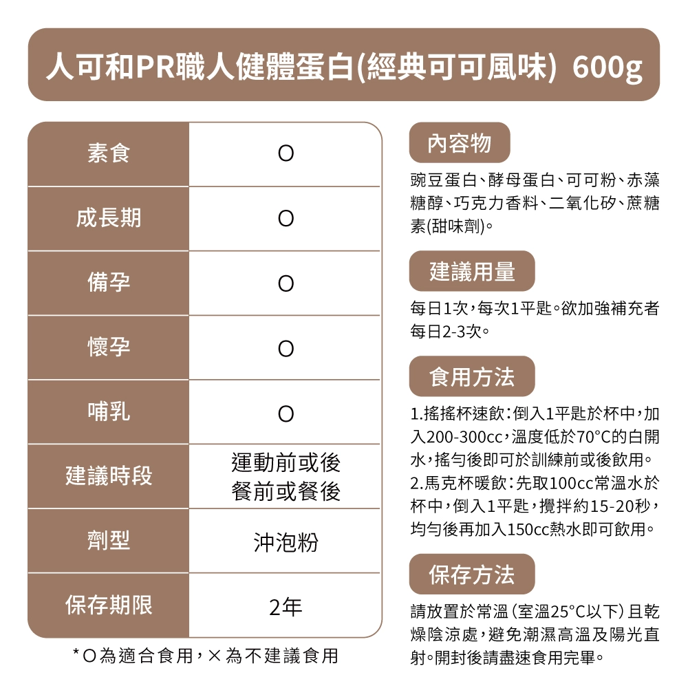 PR 職人健體蛋白經典可可口味成分單純、全素可食，各年齡層、運動前後、餐前餐後皆能安心補充。可搖搖杯常溫飲用，也可馬克杯溫熱沖泡成高蛋白可可飲！